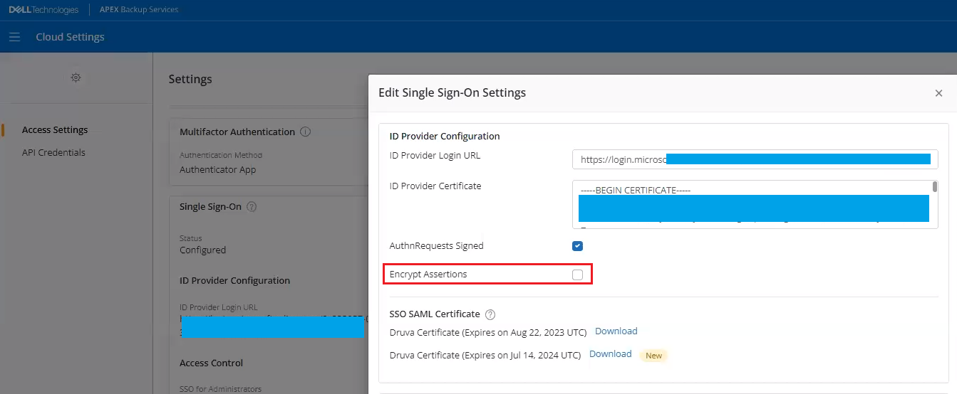 Configurações de logon único na interface do usuário