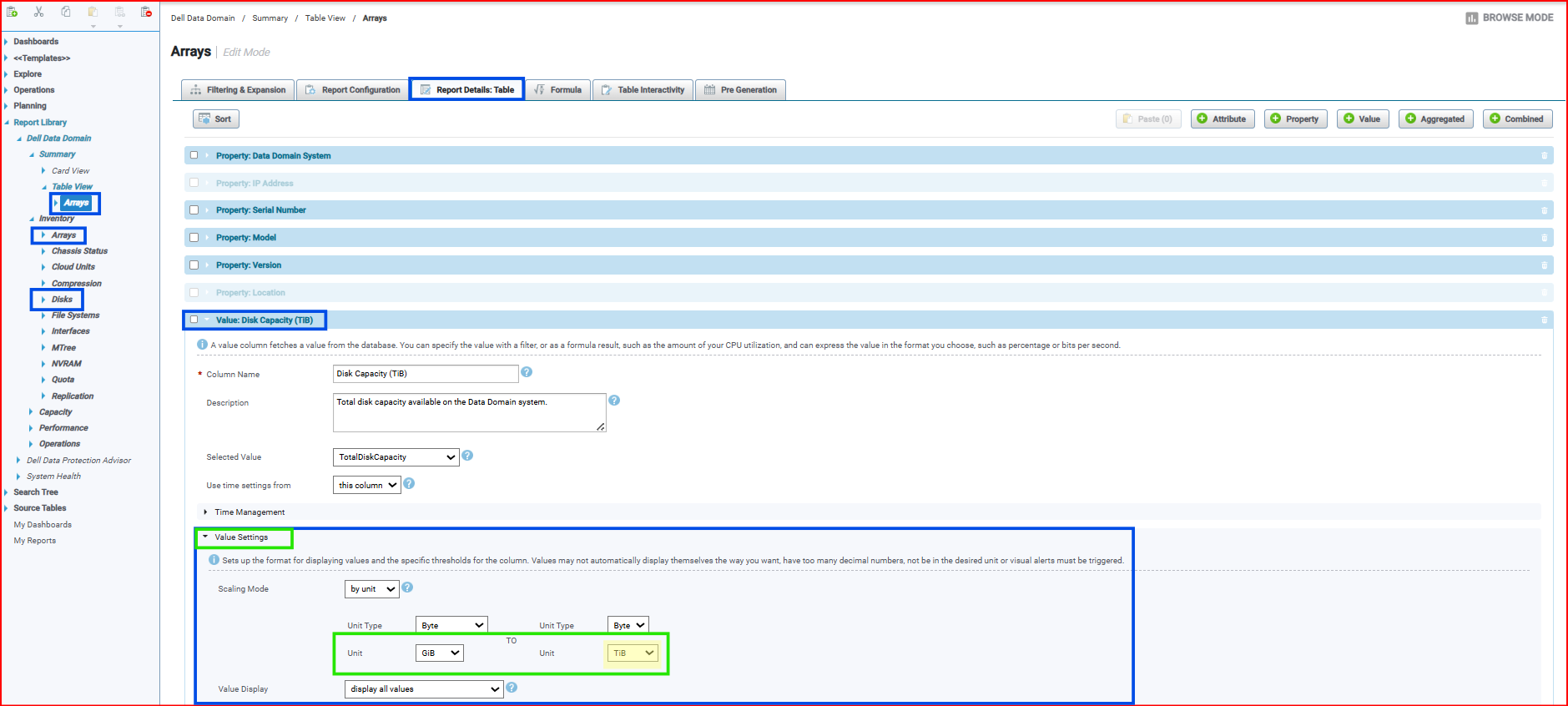 värdeinställningar som visar enhet GiB till TiB