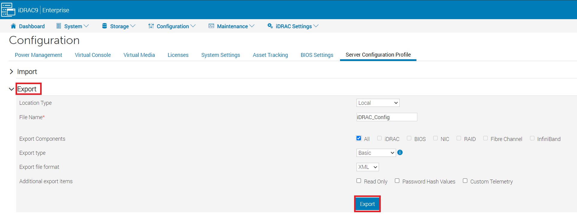 Perfil de configuração do servidor iDRAC