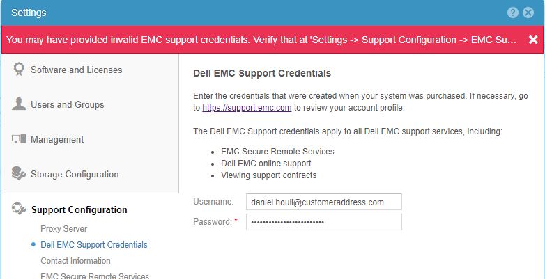 Skærmbillede af fejl, der vises, når du forsøger at indtaste supportbrugernavnet og -adgangskoden