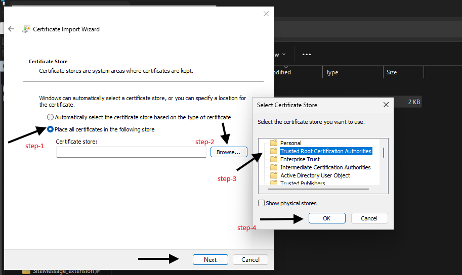 Tämä vaihe varmistaa, että varmenne sijoitetaan luotettuun pääsäilöön, jolloin järjestelmä tunnistaa sen luotetuksi myöntäjäksi.