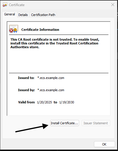 Når filen er downloadet, skal du finde den på din lokale maskine. Dobbeltklik på certifikatfilen (eksempel: .crt eller .pem) åbner guiden Certifikatinstallation og derefter klikker på installer.