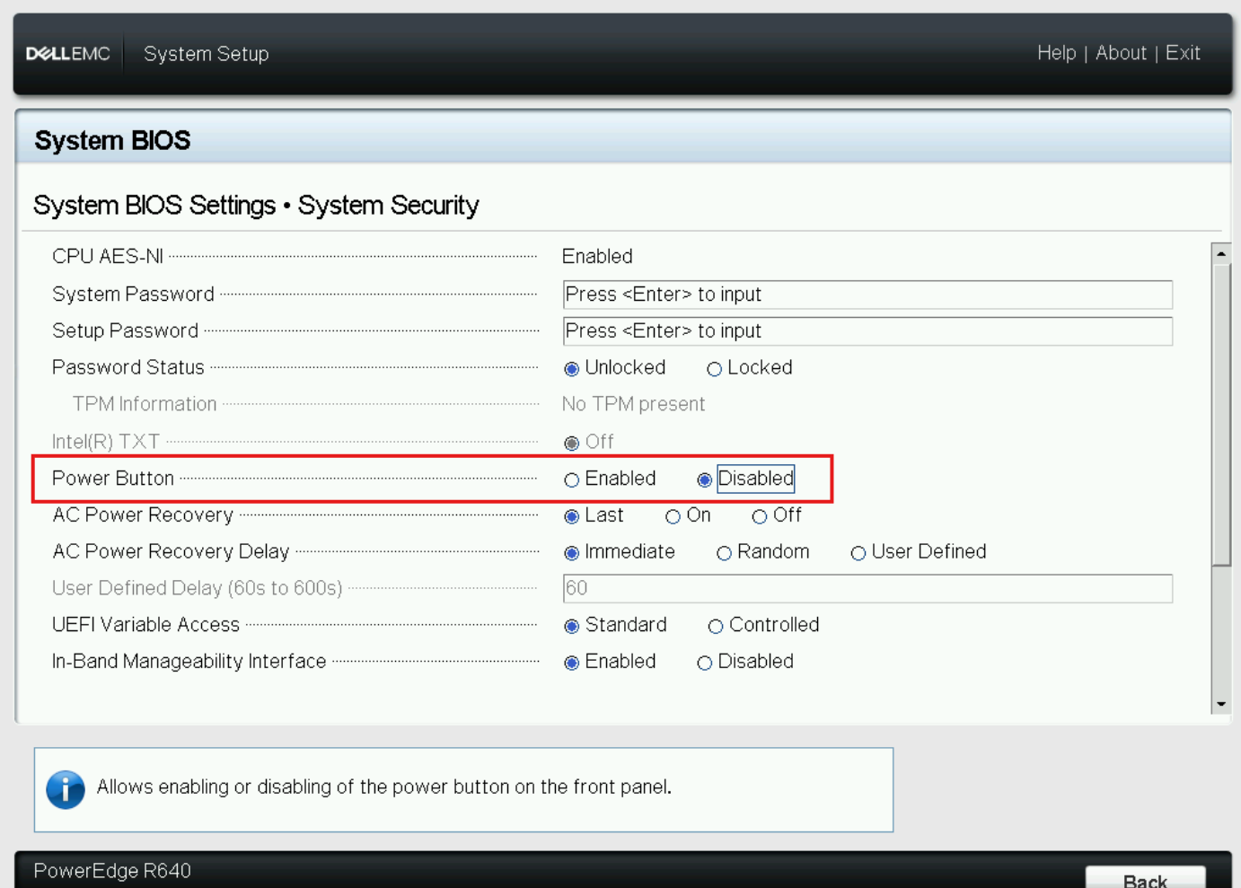 Server BIOS Power Button disable