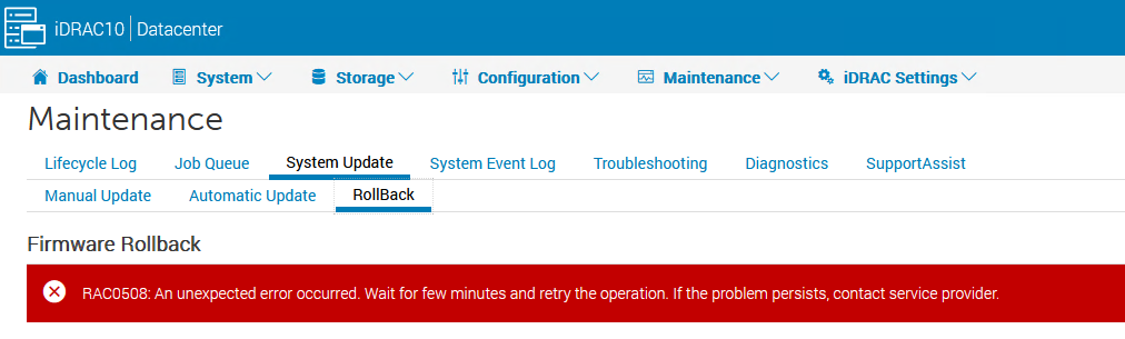 iDRAC10 Rollback Error Example
