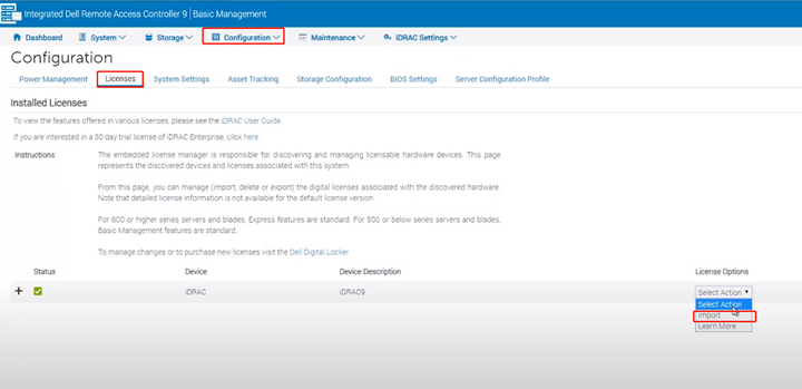 Idrac configuration page to update the license.