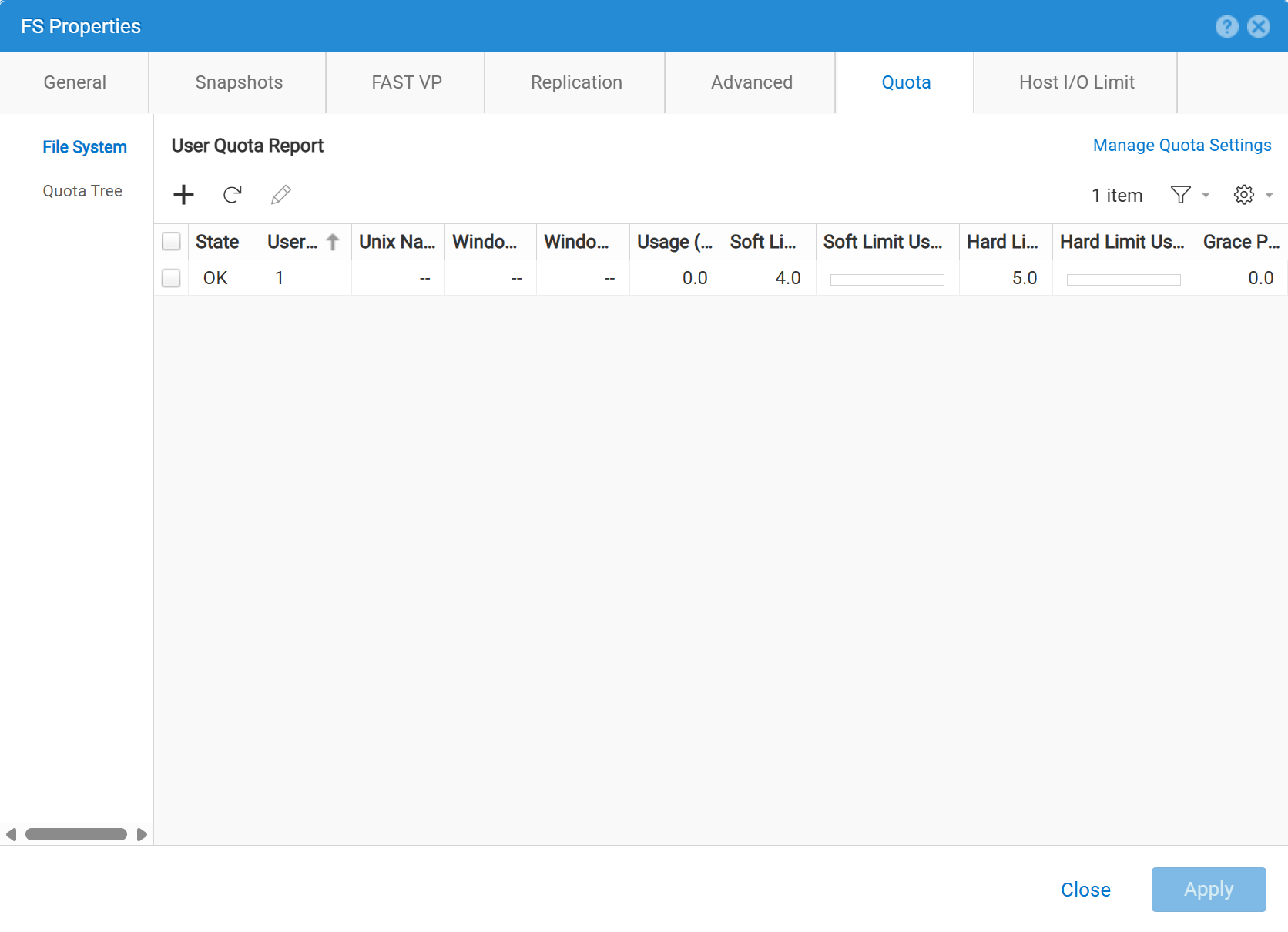 Unisphere FSクォータ プロパティのイメージ