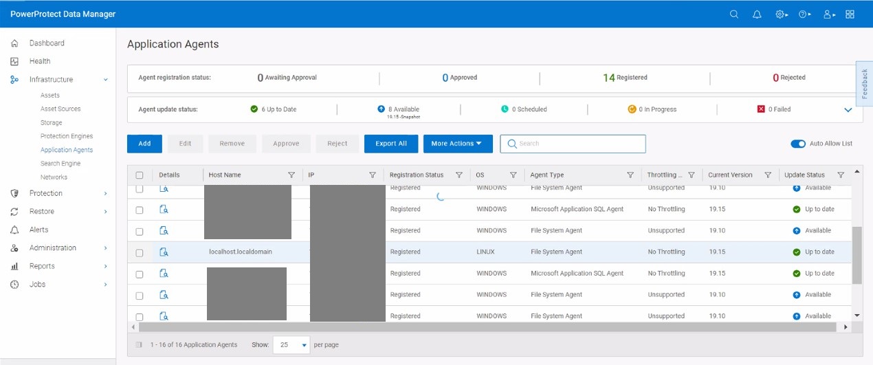 显示 localhost.localdomain 条目的 PowerProtect Data Manager Application Agent 页面