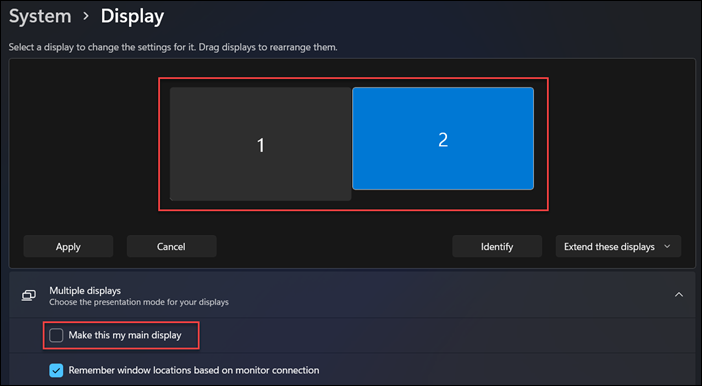 Festlegen der primären Anzeige mithilfe der „Anzeigeeinstellungen“ in Windows&nbsp;11