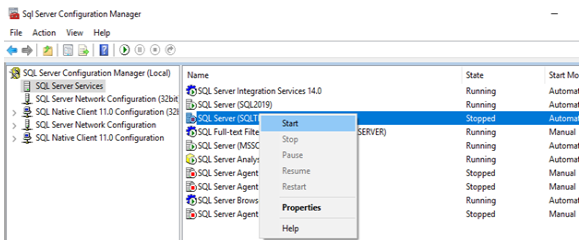 Start af SQL Server-tjenesten. 