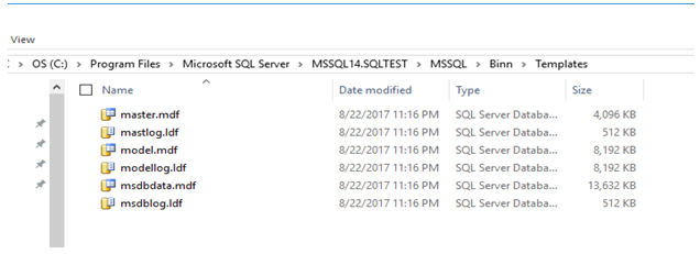 Ubicación predeterminada de los archivos de plantilla de la base de datos del modelo de Microsoft SQL Server. 