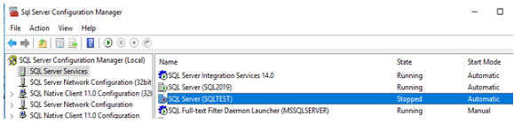 Sijainti Microsoft SQL Server Configuration Managerissa, jossa SQL Server -esiintymän SQL Server -palvelu sijaitsee. 