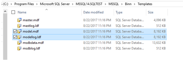 モデル データベースとログ ファイルのデフォルトのファイルの場所。 