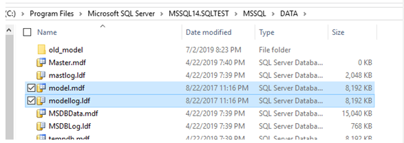 Standardsökvägen för den aktiva databasfilen för SQL Server-modellen. 