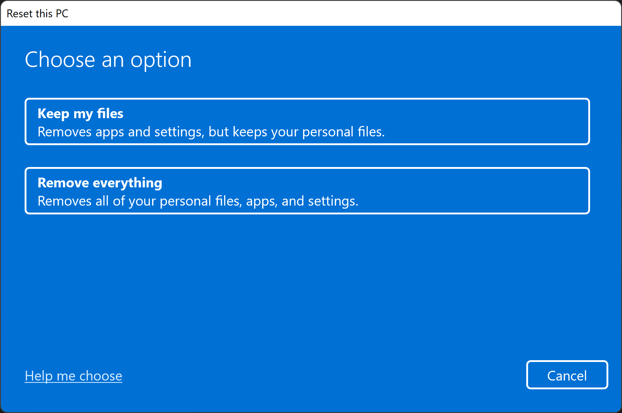 Параметры возврата компьютера в исходное состояние в Windows 11