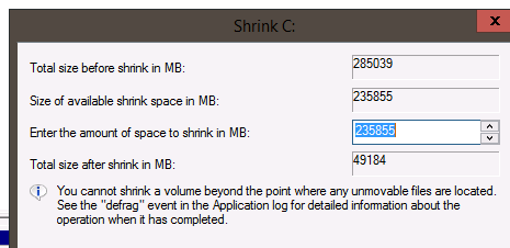 enter the amount to shrink in MB