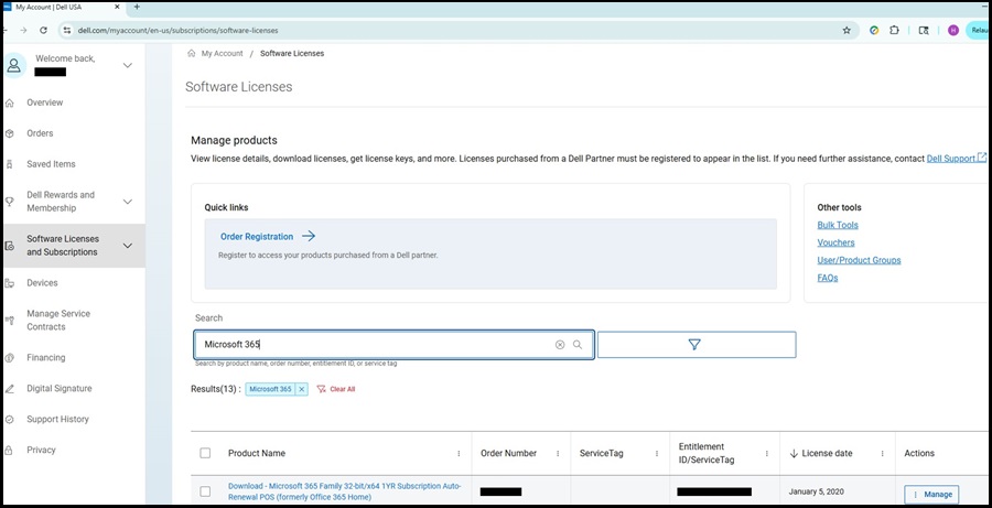 My Account, Software Licenses, Microsoft Office