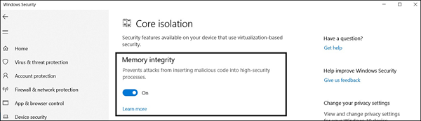 Włączone HVCI/VBS pokazane w ustawieniach Zabezpieczeń systemu Windows Windows 10