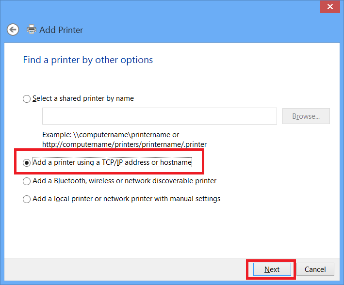 Add a printer using a TCP/IP address or hostname