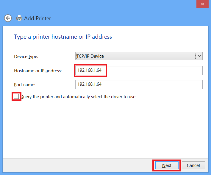 Entering the IP address of the printer