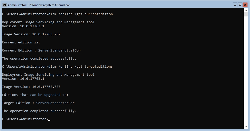 Screenshot mit ServerDatacenterCor als einzige verfügbare Zieledition