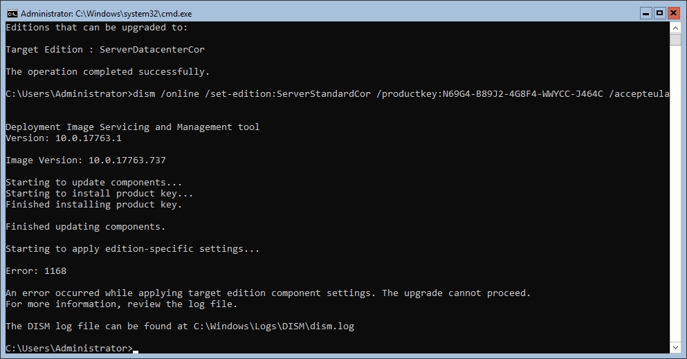 Screenshot mit Fehler 1168, wenn ServerStandardCor als Zieledition angegeben ist