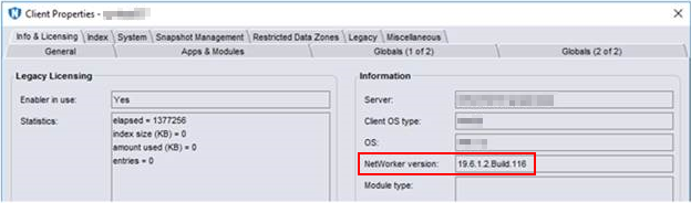 Client Properties shows older NetWorker Version