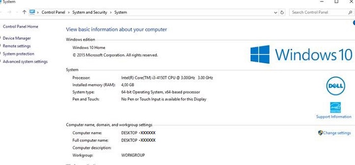 Windows 10 시스템 정보, 컴퓨터 이름 예