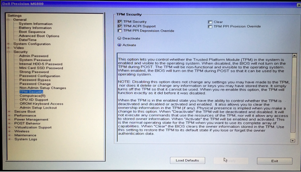 Dell Precision M6800 BIOS-skærm, der viser TPM-sikkerhedsindstillinger med mulighed for at aktivere, deaktivere og rydde TPM