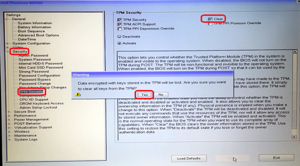 Dell Precision M6800 BIOS-skærm med TPM-sikkerhedsindstillinger og en advarselsdialogboks, hvor du bliver bedt om at bekræfte rydningen af TPM-nøgler