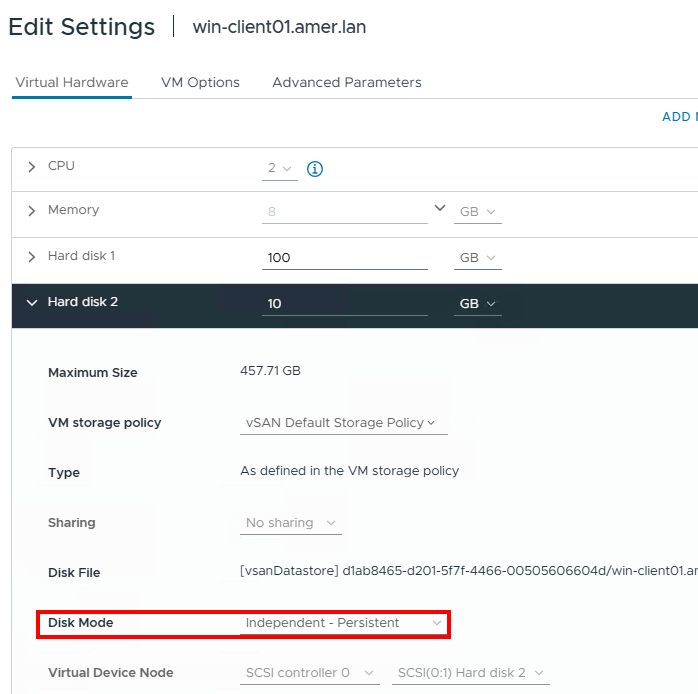 Independent persistent disk in VMware