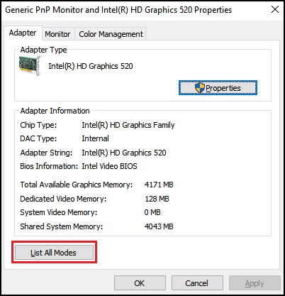 Windows Device Manager Display Adaptor Settings