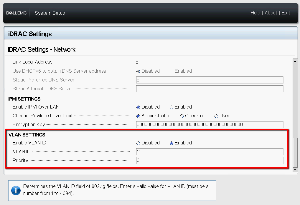 IDRAC Network settings from System Setup