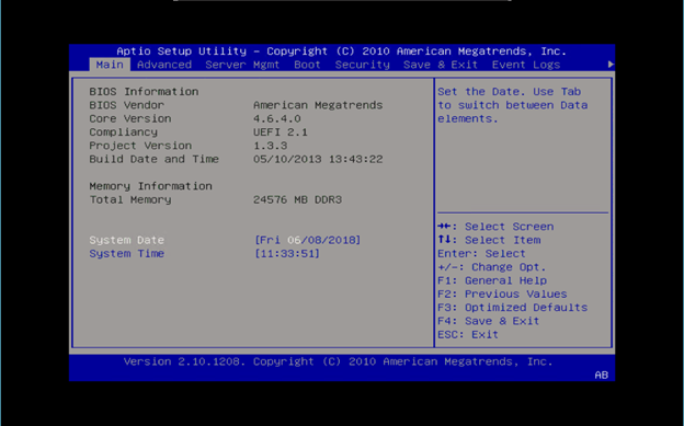 Ilustracja przedstawiająca system BIOS systemu plików FluidFS oraz systemowe opcje daty i godziny.