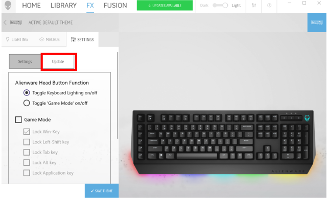 Figura 4 Alienware Command Center: Actualizar la configuración del teclado