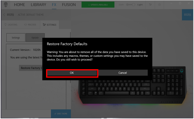 Figura 6 Alienware Command Center - Confirmar para restaurar la configuración predeterminada de fábrica