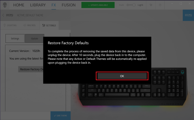 Figure 7 Alienware Command Center : Confirmer pour restaurer les paramètres d’usine par défaut