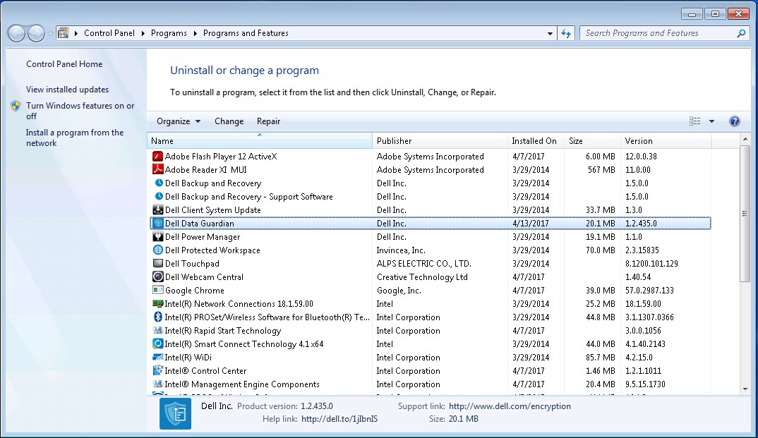 Dell Data Guardian 항목 및 변경 버튼