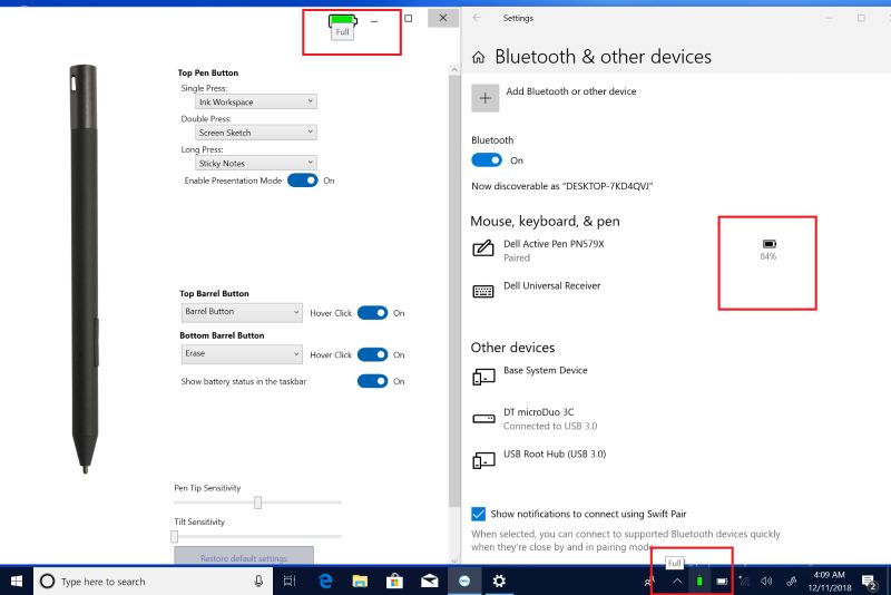Kullanıcının, Dell Active Pen Control Panel da Görev çubuğunda Pil Durumunu Göster seçeneğini etkinleştirmesi gerekir