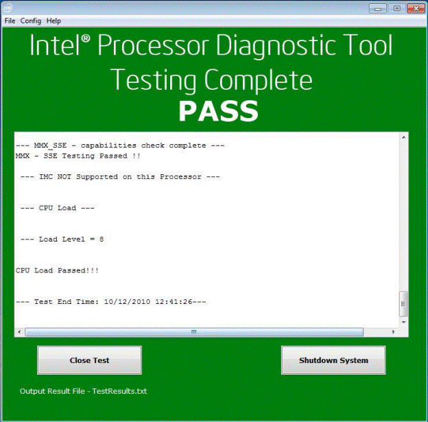 Intel 處理器診斷工具測試完成