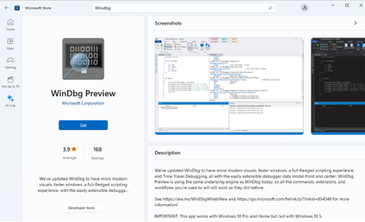 Descargando de WinDbg Preview
