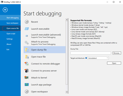 Apertura di un dump file