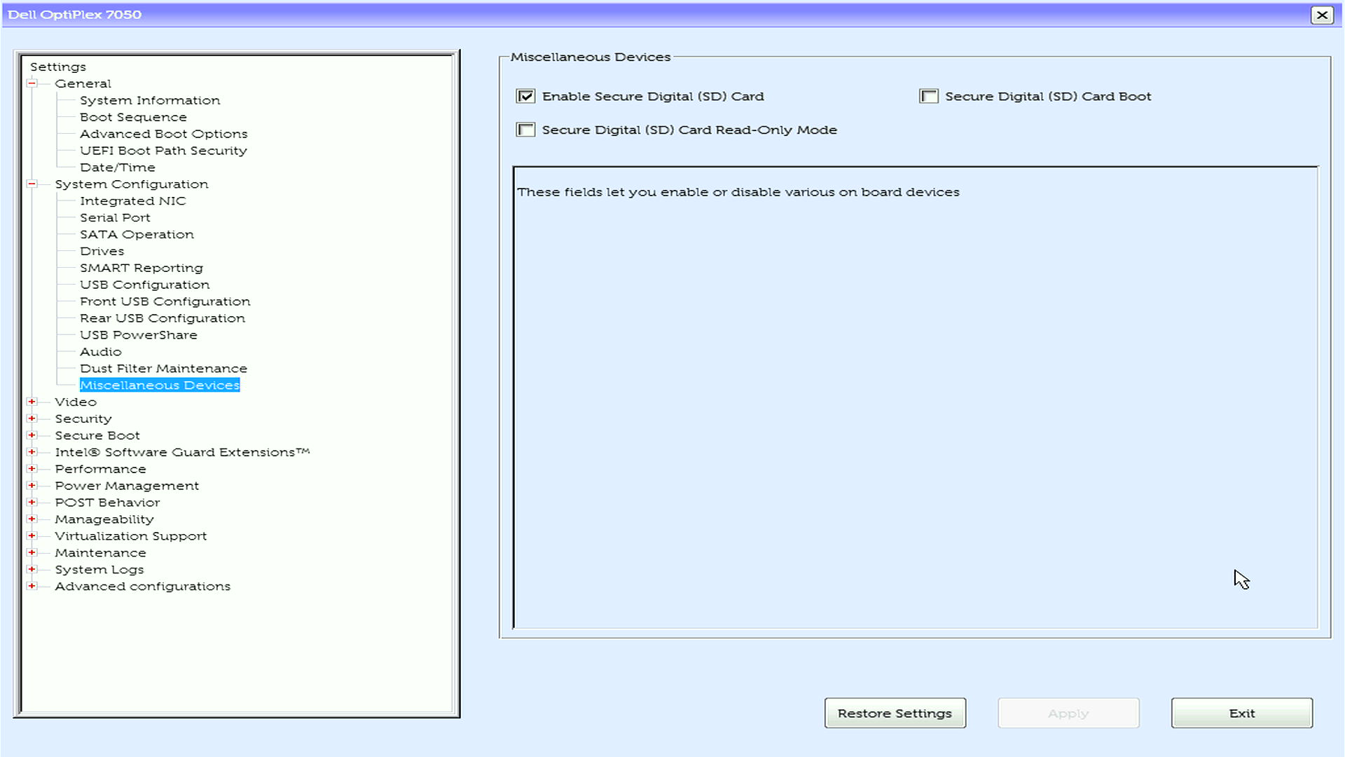Aktivieren der SD-Kartenoption (Secure Digital) im BIOS- oder UEFI-Beispiel