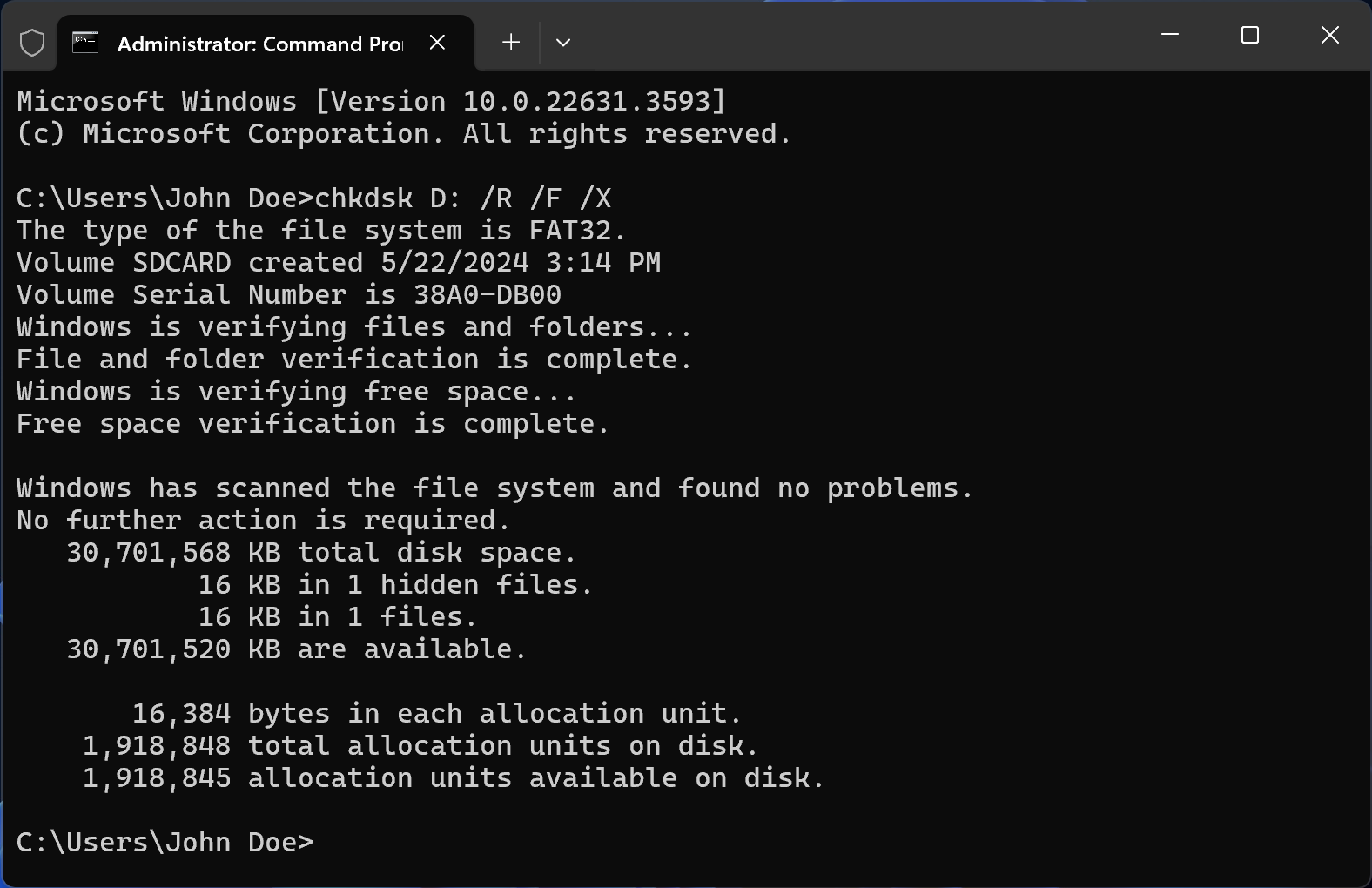 CHKDSK 명령이 포함된 Windows 명령 프롬프트