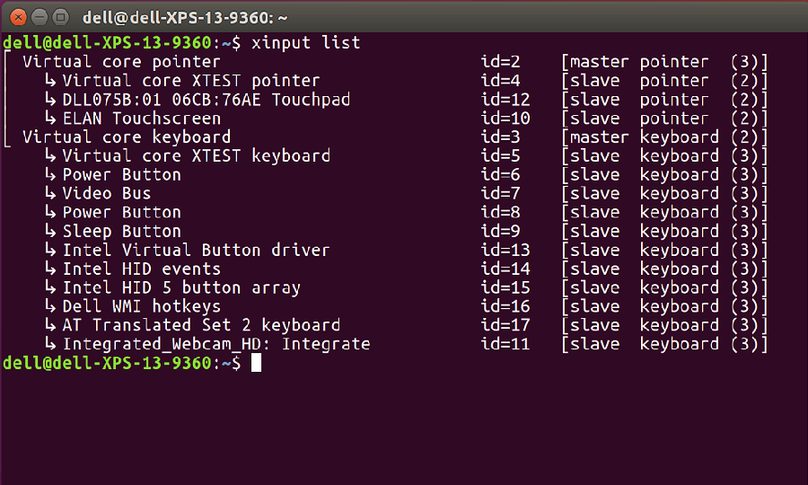 «xinput list» в окне терминала Ubuntu