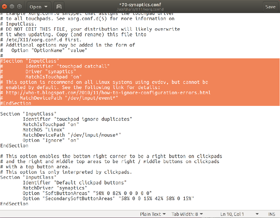 Ubuntu Synaptics.conf 文件屏幕截图
