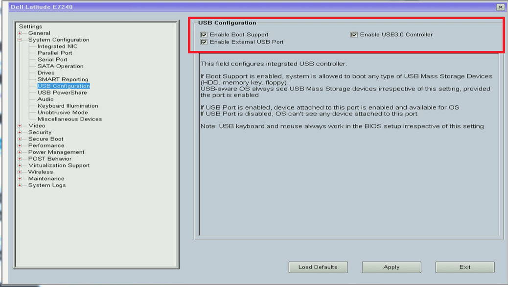 BIOSの「USB Configuration(USB設定)」画面の画像