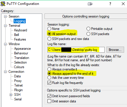 Enabling putty session logging