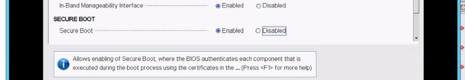 BIOSのセキュア ブート設定のスクリーンショット