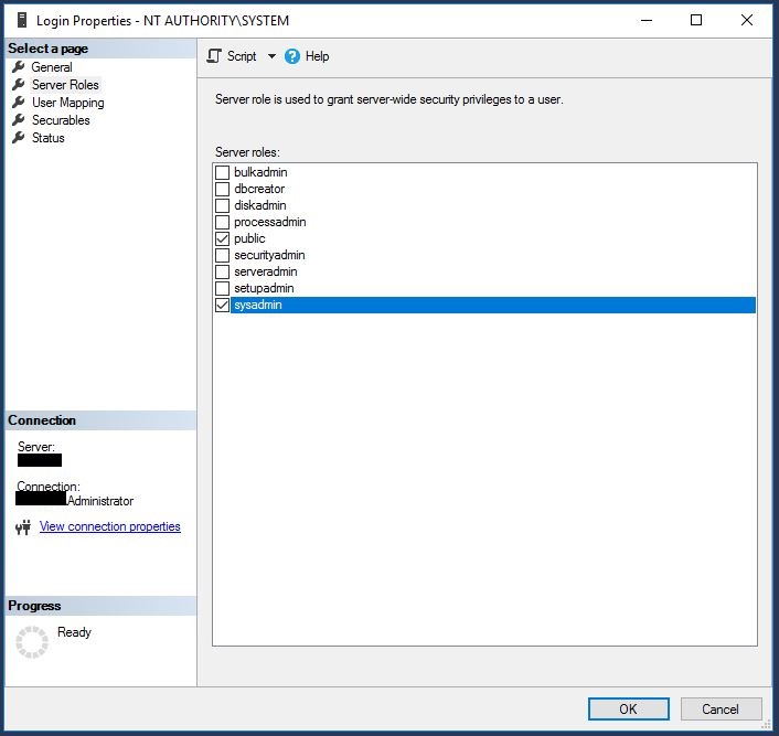 Свойства для входа в SSMS NT AUTHORITY\SYSTEM