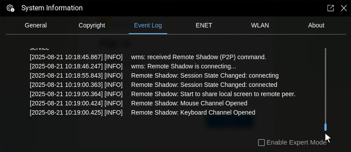 Bottom of the event log